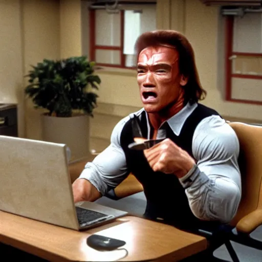 Image similar to arnold schwarzenegger as conan the barbarian sitting at a desk, as an office worker, in an office, inside an office building, sitting at a desk, angrily shouting at a laptop, angry at laptop, laptop computer, computer trouble, technical difficulties, software error, crisp lighting, corporate photography