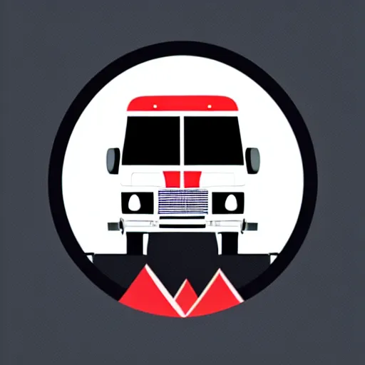 Image similar to very very very minimal vector graphic of a white and black cute thor chateau motorhome camper, color highway, mountains and sunset!!, all enclosed in a circle, white background, happy, professional minimal graphic design cartoon, award winning