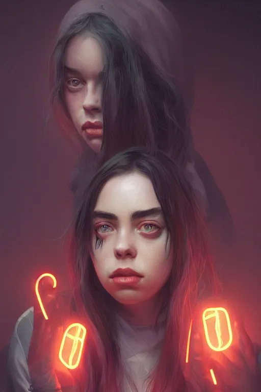 Image similar to portrait of a Billie eilish with a scaly skin and biotechnical parts and neon light by Artgerm and Greg Rutkowski , digital painting, highly detailed, trending on artstation