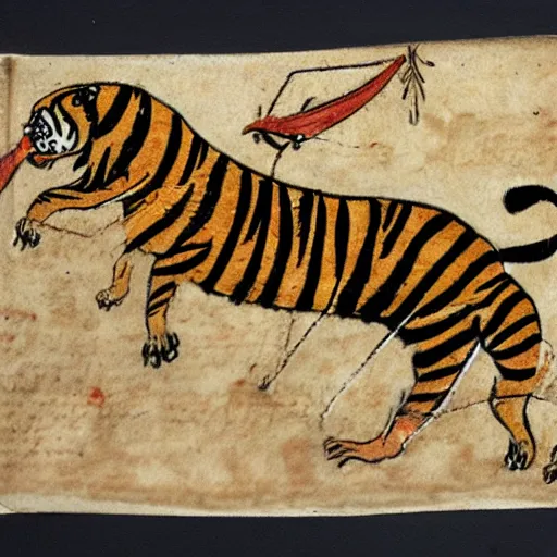 Image similar to bad drawn tiger of fire with many legs flying in a medieval manuscript, medieval manuscript, golden miniatures