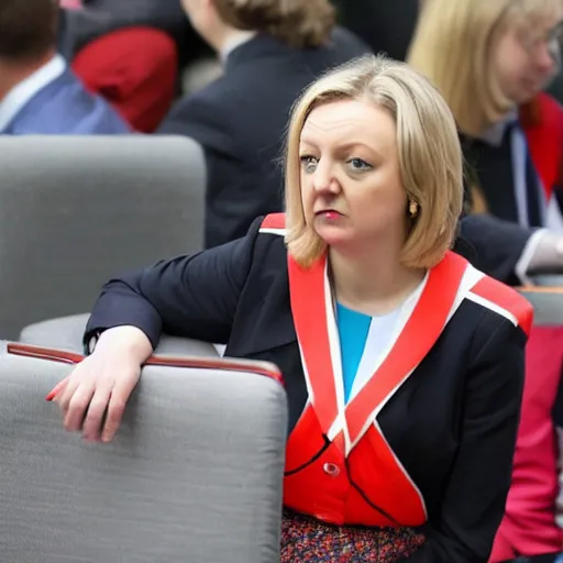 Image similar to conservative mp liz truss sitting in a chair and looking sad and wearing a clown costume, editorial photograph