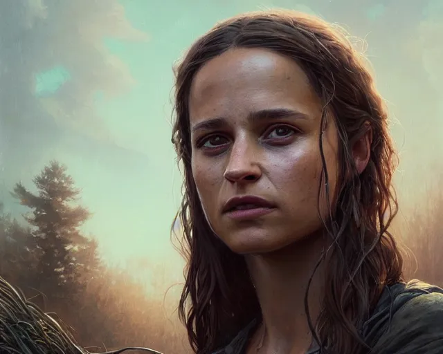 Image similar to highly detailed portrait of alicia vikander, in the walking dead, stephen bliss, unreal engine, fantasy art by greg rutkowski, loish, rhads, ferdinand knab, makoto shinkai and lois van baarle, ilya kuvshinov, rossdraws, tom bagshaw, global illumination, radiant light, detailed and intricate environment