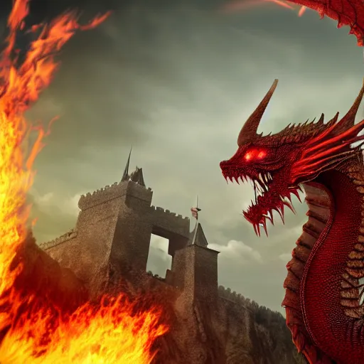 Prompt: a red dragon with a tan stomach, sharp teeth, and horns on a castle breathing fire, hyper realistic, detailed, photorealistic, 4 k