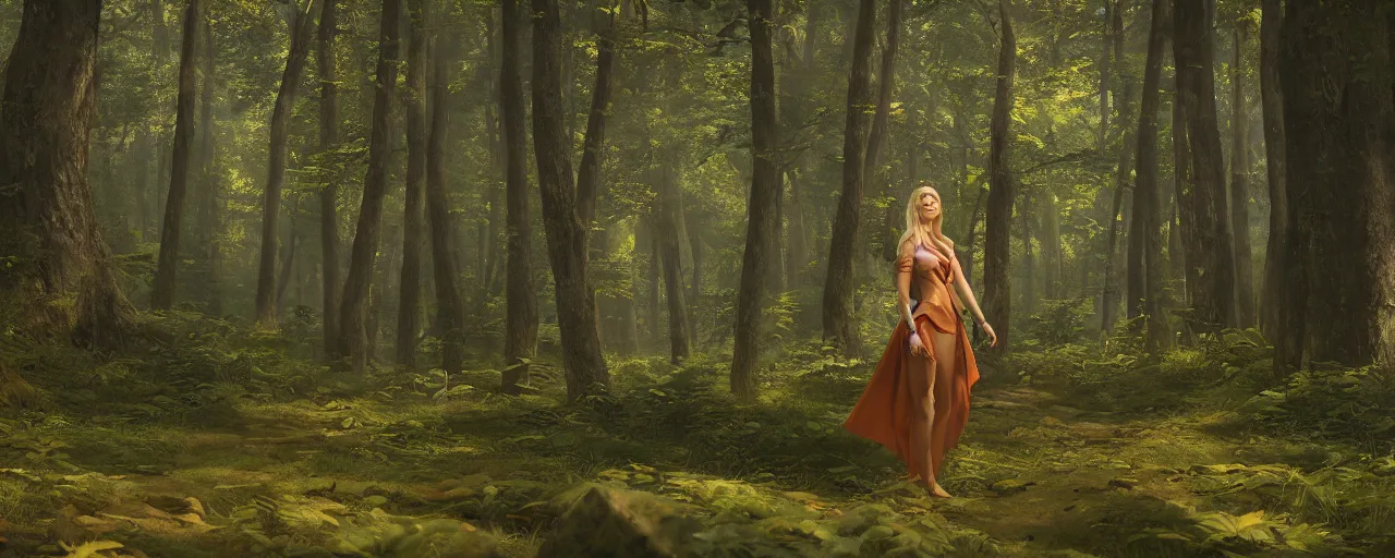 Prompt: a beautiful blonde female heorine standing in a forest, beautiful dynamic lighting, cinematic, wide angle establishing shot, extremely high detail, photo realistic, cinematic lighting, post processed, concept art, artstation, matte painting, style by frederic church, raphael lacoste, unreal engine 8k