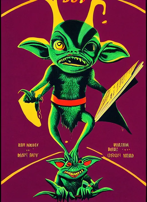 Image similar to a book with a picture of a gremlin ( 1 9 8 4 ) on it, poster art by harvey kurtzman, behance contest winner, pop surrealism, concert poster, poster art, movie poster