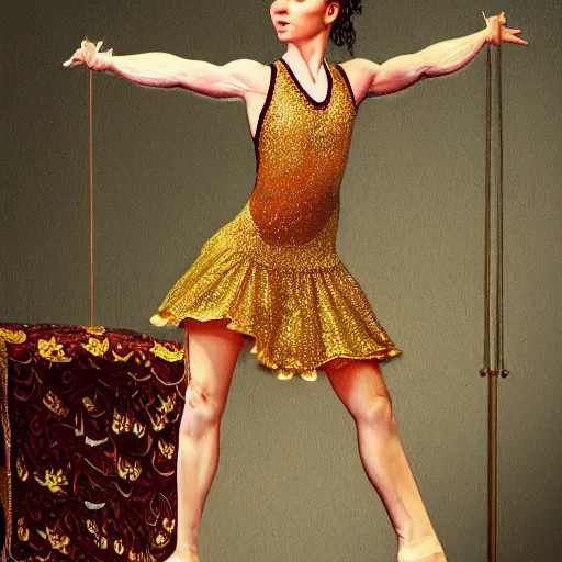 Image similar to woman doing gymnastics with beautiful hair wearing gold embroidered dress, highly detailed, 8 k, masterpiece, super resolution.