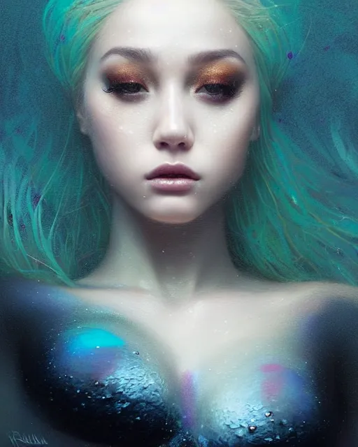 Image similar to ( ( ( portrait of mermaid ) ) ), zoom, rule of thirds, intricate, attractive, symmetrical!!, makeup, loreal, maybelline, sephora, loreal, artstation, art by greg rutkowski and gonzalo ordonez arias, and artgerm, filmic, vsco, moody, gotham, concept art, cg society,