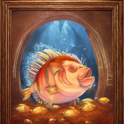 Image similar to fish - pig creature, oil painting by justin gerard