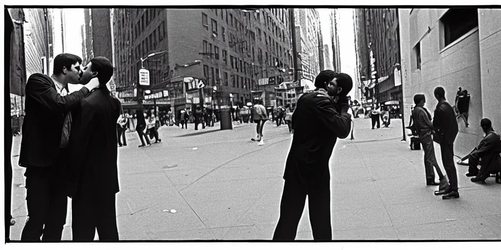 Prompt: two men kissing in the entrance to a subway stop in manhattan at the time of the stonewall riots. new york city, usa. 1 9 6 9 - 1 9 7 0. ernest cole photography