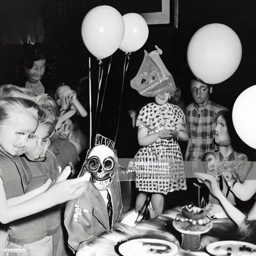 Image similar to 1 9 5 0's photograph of eerie animatronic animal at birthday party