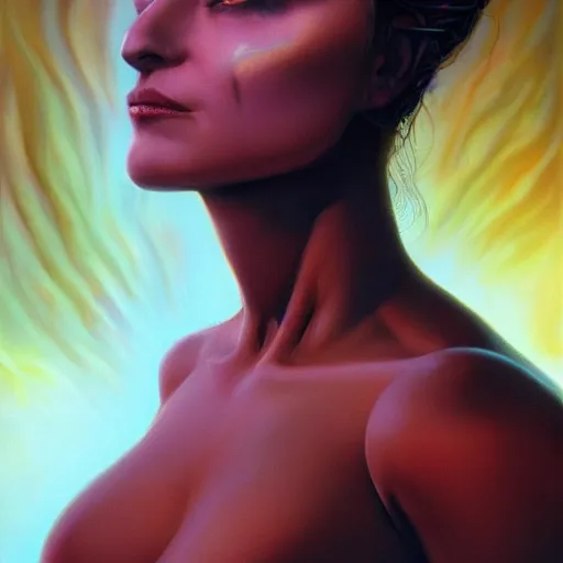 Image similar to A stunning portrait of a goddess with a body of flames by Jim Burns, 8K UHD, fantasy, Trending on artstation.