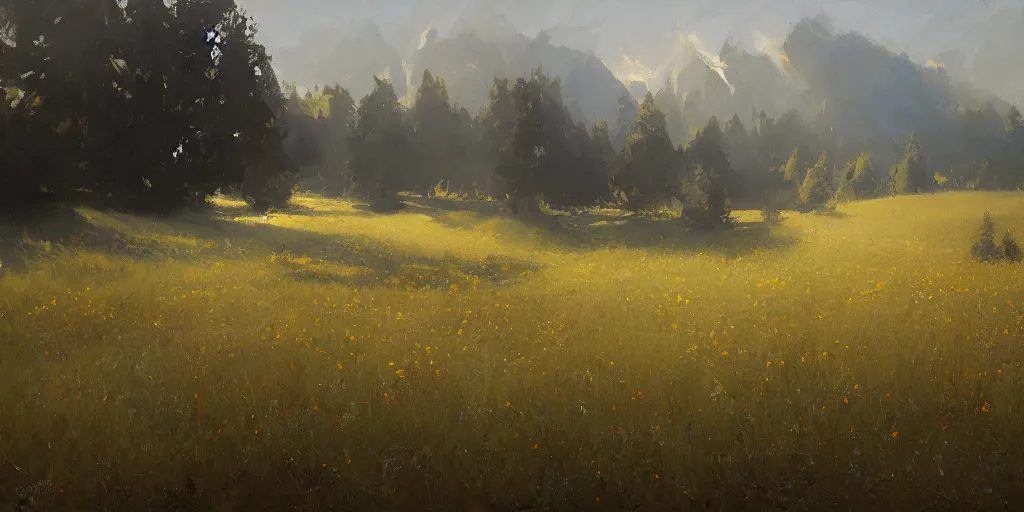 Image similar to a dark oil painting of a beautiful meadow; masterpiece; extremely-detailed; by Craig Mullins