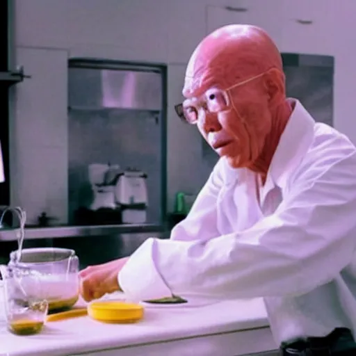 Image similar to A still of Lee Kuan Yew as Walter White cooking meth in in Breaking Bad (2008)