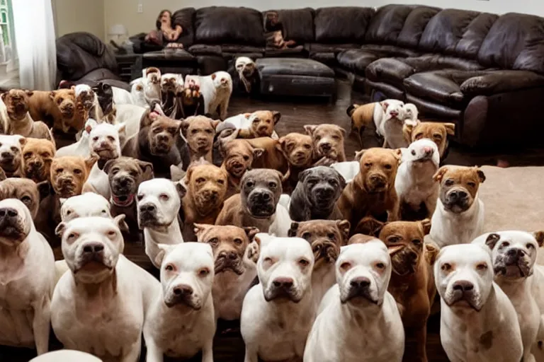 Image similar to a living room full of pit bulls that are facing directly into the camera