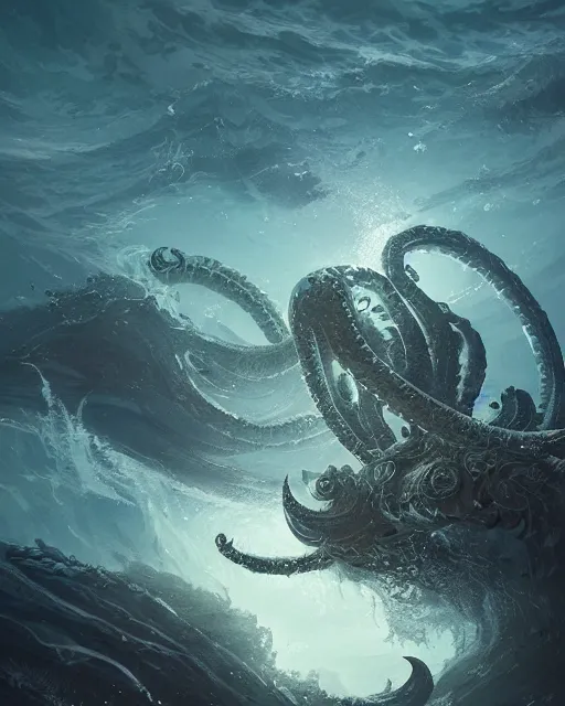 Image similar to An invisible Kraken in the middle of the sea, fantasy art, in the style of greg rutkowski, illustration, epic, fantasy, intricate, hyper detailed, artstation, concept art, smooth, sharp focus, ray tracing