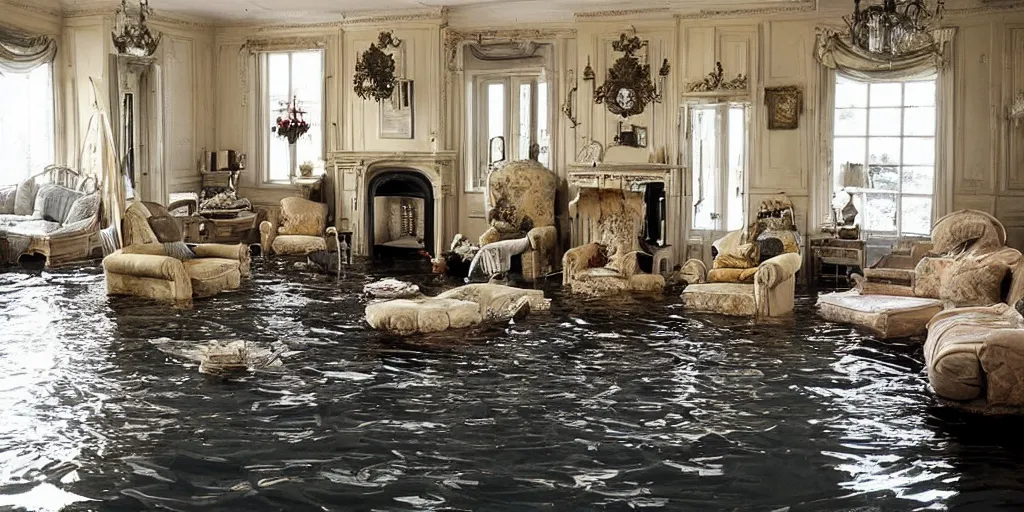 Prompt: decorative victorian livingroom flooded with water