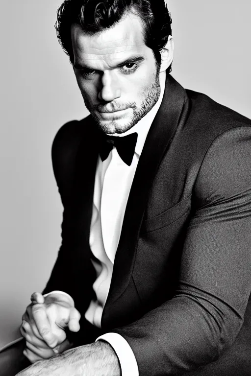 Image similar to portrait of henry cavill wearing an elegant tuxedo, 5 5 mm lens, professional photograph, black and white, elegant, serious, stern look