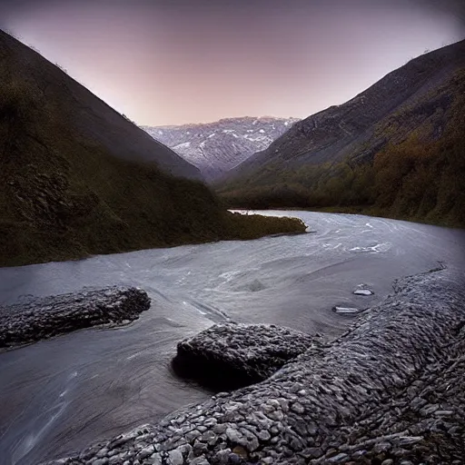 Image similar to photo of a beautiful river landscape by michal karcz., taken by a disposable camera