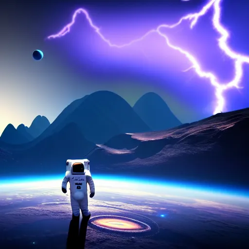 Prompt: astronaut finding a flower on an alien planet with mountains, water, strange clouds, hyper realistic, dramatic lightning, ray tracing, 8 k