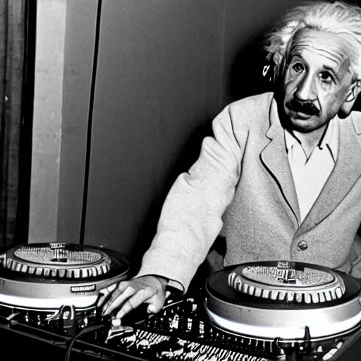 Image similar to photo of albert einstein as a dj behind the dj decks in the club with headphones on and in a cool pose