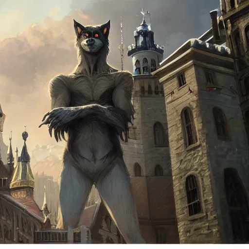 Image similar to werewolf in the city lviv high castle, portrait, highly detailed, full body, digital painting, trending on artstation, concept art, sharp focus, illustration, art by artgerm and greg rutkowski and magali villeneuve