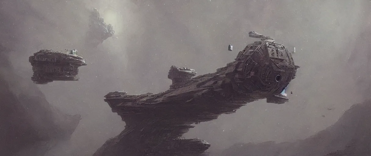 Image similar to concept art, a single huge mothership, a ship traveling to new worlds, deep space exploration, the expanse tv series, industrial design, dynamic angle, motion, spatial phenomena, cinematic lighting, 4k, greebles, widescreen, wide angle, beksinski, sharp and blocky shapes