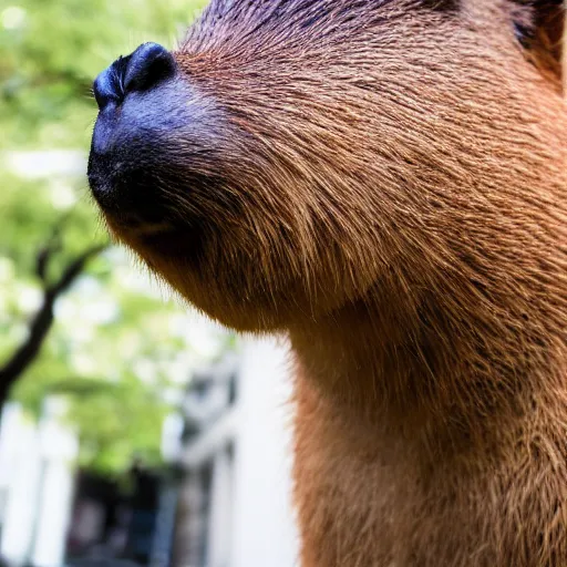 Image similar to a high quality photo of an antropomorphic capybara wearing a suit, 8k, digital art