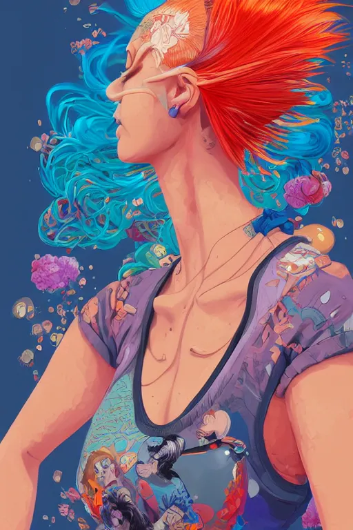 Image similar to a award winning half body portrait of a beautiful woman in a croptop and cargo pants with ombre orange blue teal hairstyle with head in motion and hair flying by yoshii chie and hikari shimoda and martine johanna and will eisner, outrun, vaporware, digital art, trending on artstation, highly detailed, fine detail, intricate
