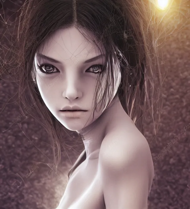 Image similar to photo 3 d rendering of a beautiful girl epic photorealistic portrait in ito junji frank miller alex ross escher giger sorayama buddhist biopunk cosmic horror style depth of field lens flare leica zeiss detailed trending award winning on flickr