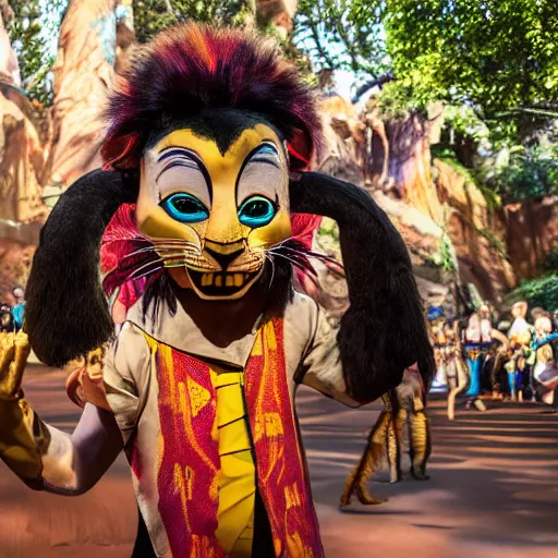 Image similar to mad mascot costumes in the lion king stage show at disneyland, covered outdoor stage, theatrical lighting, iphone video