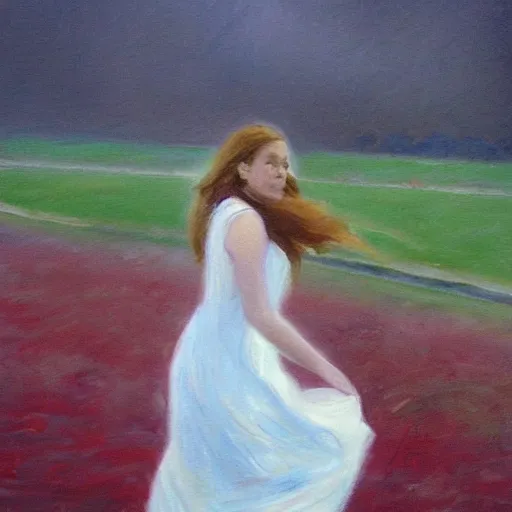 Image similar to an impressionist oil painting of girl with long hair in a white long dress running on the field in a foggy weather