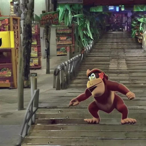 Prompt: cctv still of donkey Kong spotted in real life