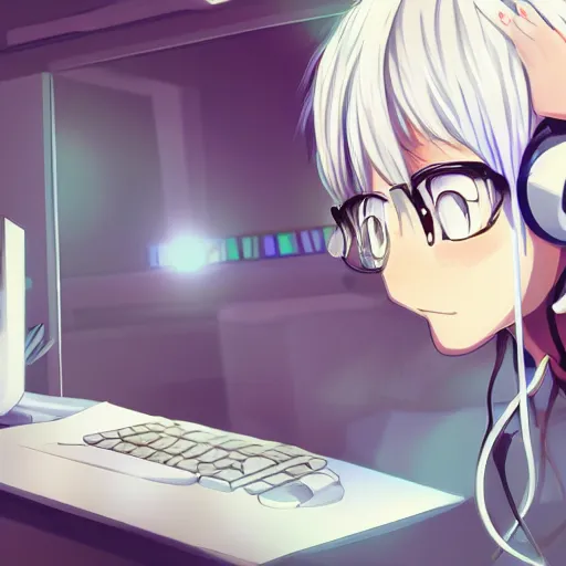 Image similar to anime girl with white hair and blue eyes, wearing cat ear headphones, sitting at desk at keyboard, programming, cute, pixiv, anime