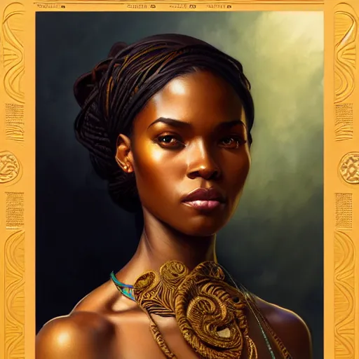 Image similar to portrait of an african american goddess, half body, perfect face, intricate, elegant, highly detailed, digital painting, artstation, concept art, smooth, sharp focus, illustration, art by artgerm and greg rutkowski and alphonse mucha