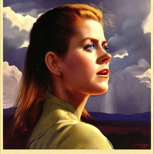 Prompt: ultra realistic portrait painting of amy adams as an android cowgirl, art by frank frazetta, vintage levi ’ s ad, stormy weather, dark vibes, 4 k, ultra realistic, highly detailed, epic lighting