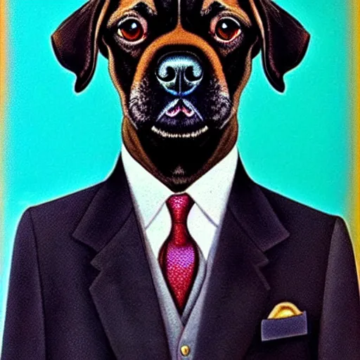 Image similar to a salvador dali portrait of black pugalier dog wearing suit and tie, surreal background, by salvador dali, trending on instagram, award winning details