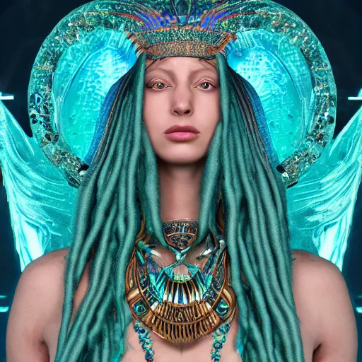 Prompt: unreal engine, octane render, 8 k, sandro botticelli portrait of egyptian sumerian goddess princess intergalactica, nautical siren, queen of heaven, techno mystic goddess, with aqua neon dreadlocks, teal eyebrows encrusted with diamonds, wearing iris van herpen haute couture, star - gate of futurisma,