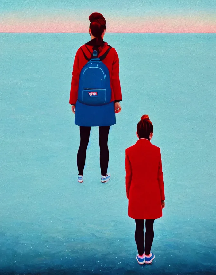 Image similar to wide shot rear view photographer woman hair in a bun long red stripe coat backpack sneakers grasping a nikon camera in hand while looking out over a placid blue lake, a character design painting, in the style of wes anderson, lola dupre, david hockney, isolated on negative white space background dark monochrome fluorescent spraypaint accents volumetric octane render, no double figure