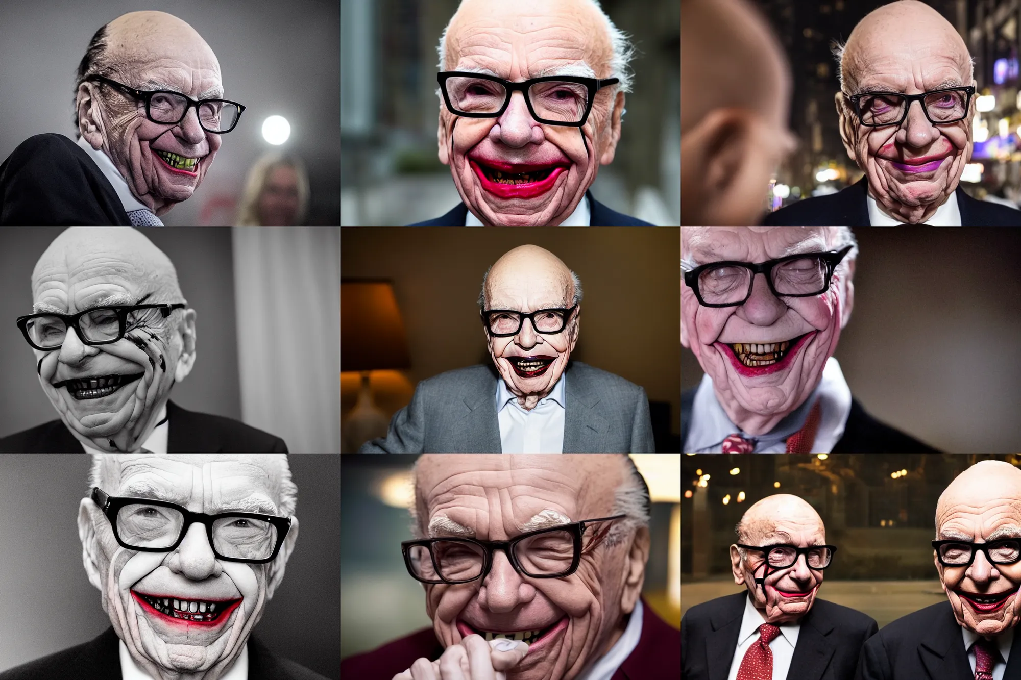Prompt: Rupert Murdoch wearing glasses and makeup like The Joker, laughing as the world behind him burns, volumetric fog, portrait photography, depth of field, bokeh