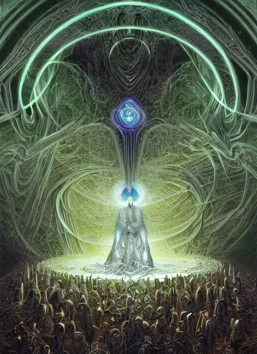 Image similar to a quantum computer, geometric crystal wiring, emerald circuits, highly advanced technology surrounded by a dark cabal of multiple hooded elven mystics in long dark robes gathered in a circular formation, dan seagrave art, michael whelan, artstation, cgsociety