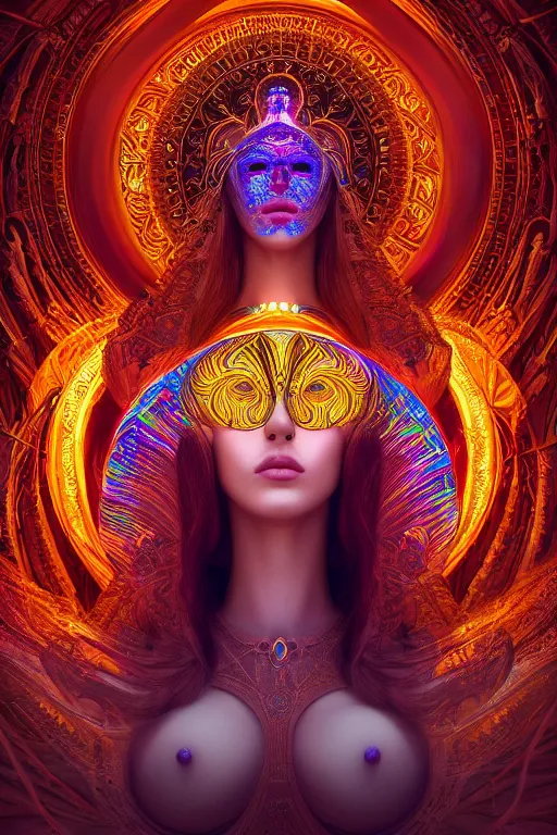 Image similar to a centered render of an alluring goddess wearing a psychedelic mask surrounded by a glorious sacred energy made from geometry and spiral mandel bulb fractals in a majestic cathedral, powerful, cinematic, beautifully lit, by artgerm, by karol bak, 3 d, trending on artstation, octane render, 8 k