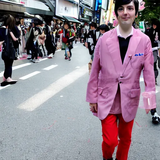 Image similar to a high resolution photo of martin shkreli at harajuku tokyo street fashion event, photo from vogue magazine