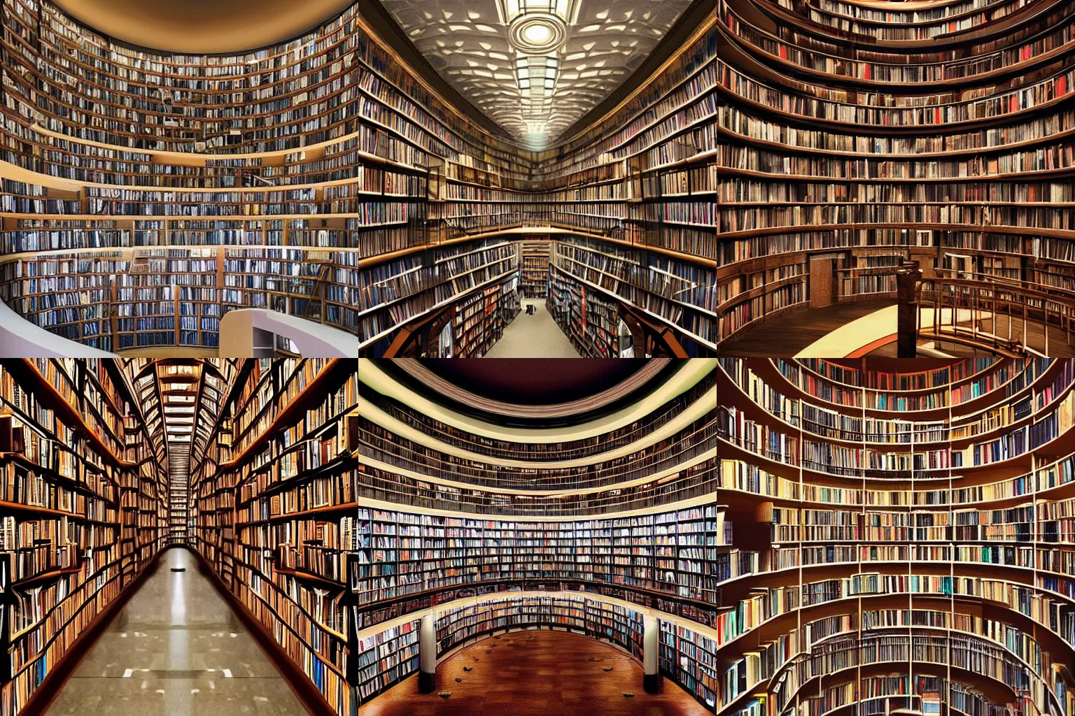 Prompt: a never ending library that has books lining all of its curved walls, digital art