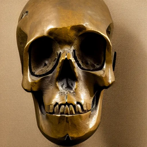 Image similar to detailed photo of an old bronze patina statue of a skull with a samurai hat, intricate detail, museum lighting