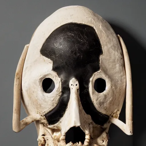 Prompt: symmetrical product photograph of a scary mask made from bone and obsidian, angry, cracked