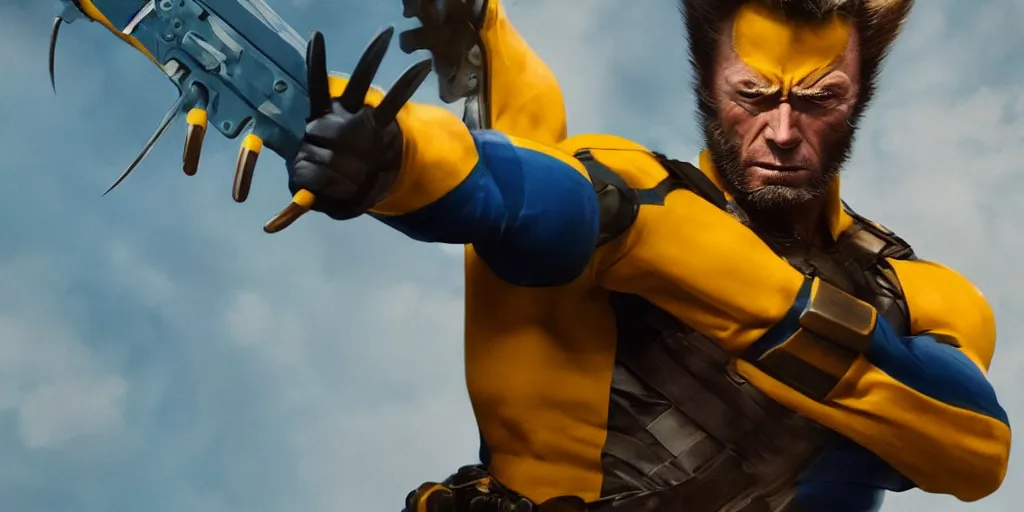 Prompt: clint eastwood as wolverine in blue and yellow costume, octane render, beautiful composition, trending on artstation, award - winning photograph, masterpiece