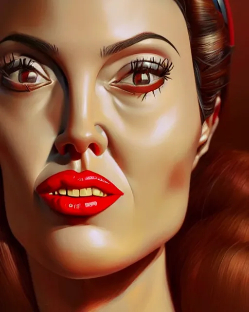 Image similar to closeup profile face profile portrait of a tin toy angelina jolie as a waitress in a diner, bikini, hyper realistic, artstation, illustration, concept art by bill ward, digital paint, matte paint, vivid colors, bright, cheerful, detailed and intricate environment
