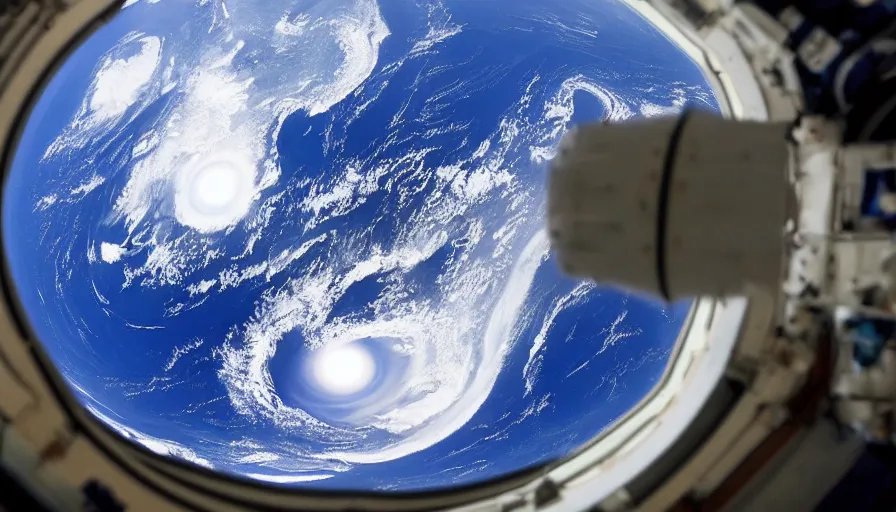 Image similar to earth seen through international space station window, by hiroshige utakawa