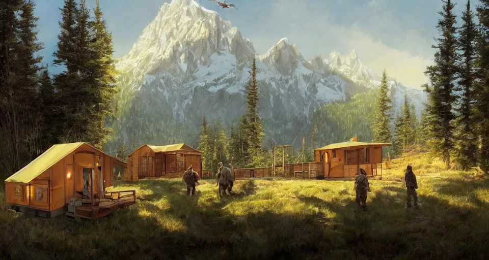 Image similar to cabela's beautiful comfortable community of modular insulated wall container home kit - house all weather military grade family dwelling tent house, person in foreground, mountainous forested wilderness open fields, beautiful views, painterly concept art, environmental concept art, concept art illustration, by james gurney, by craig mullins, by greg rutkowski trending on artstation