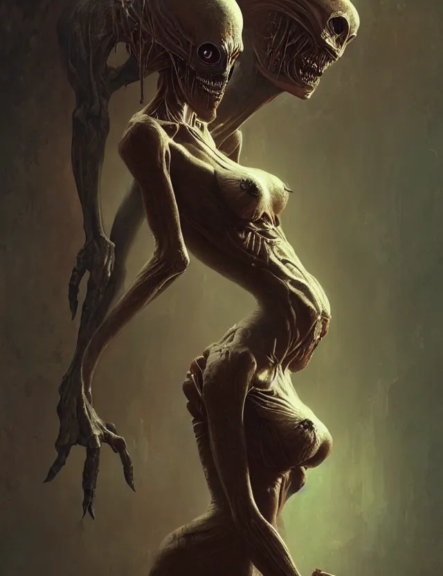 Prompt: ultra realist muted colors horror painting of a dimly lit attractive alien female and hellish creature together, very intricate details, focus, curvy figure, model pose, full frame image, artstyle hiraku tanaka and craig mullins, award winning